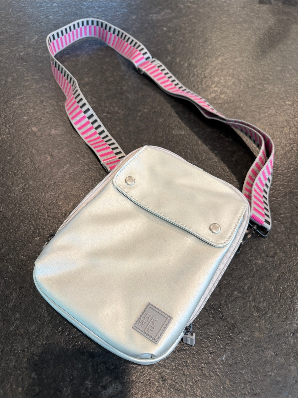 Metallic Silver Crossbody Bag with Pink & Gray Striped Strap